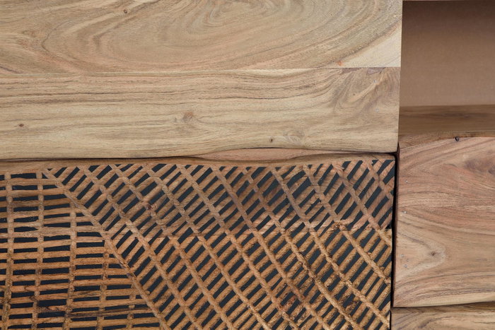 GINER Y COLOMER Buffet en bois d'acacia et métal, 2 portes et 3 tiroirs, couleur naturel et noir, buffet rustique avec pattes métal et sculptures manuelles
